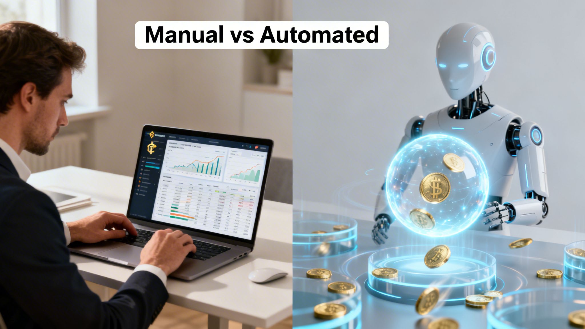 A man manually uses a laptop with financial charts next to a robot automating Bitcoin cryptocurrency trading.