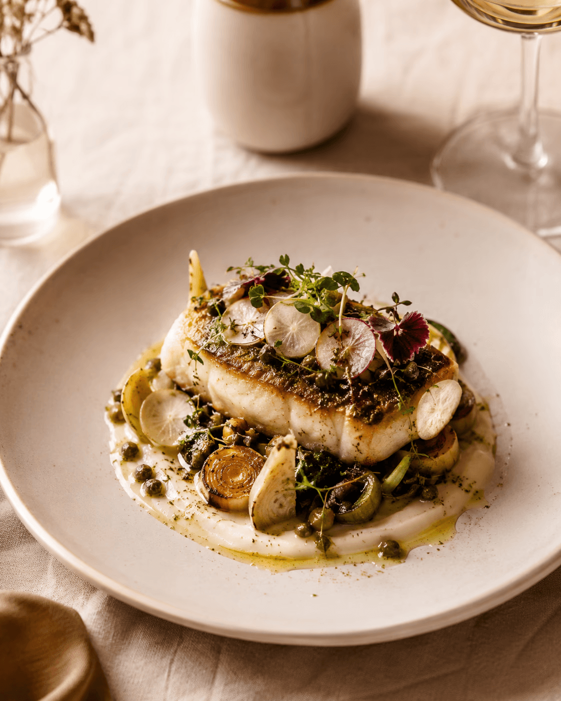 Refined plated fish course with herbs and seasonal garnish