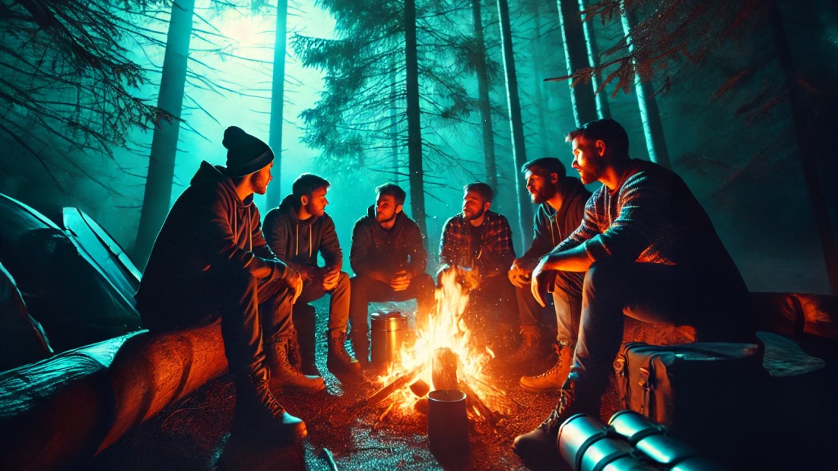 A group of men in the forest, sat around an open fire