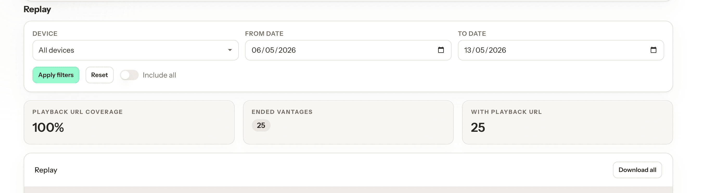Replay filter panel with date range and coverage KPIs