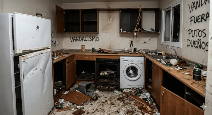 Cocina destrozada por actos vandálicos de un inquilino antes de abandonar la vivienda alquilada.