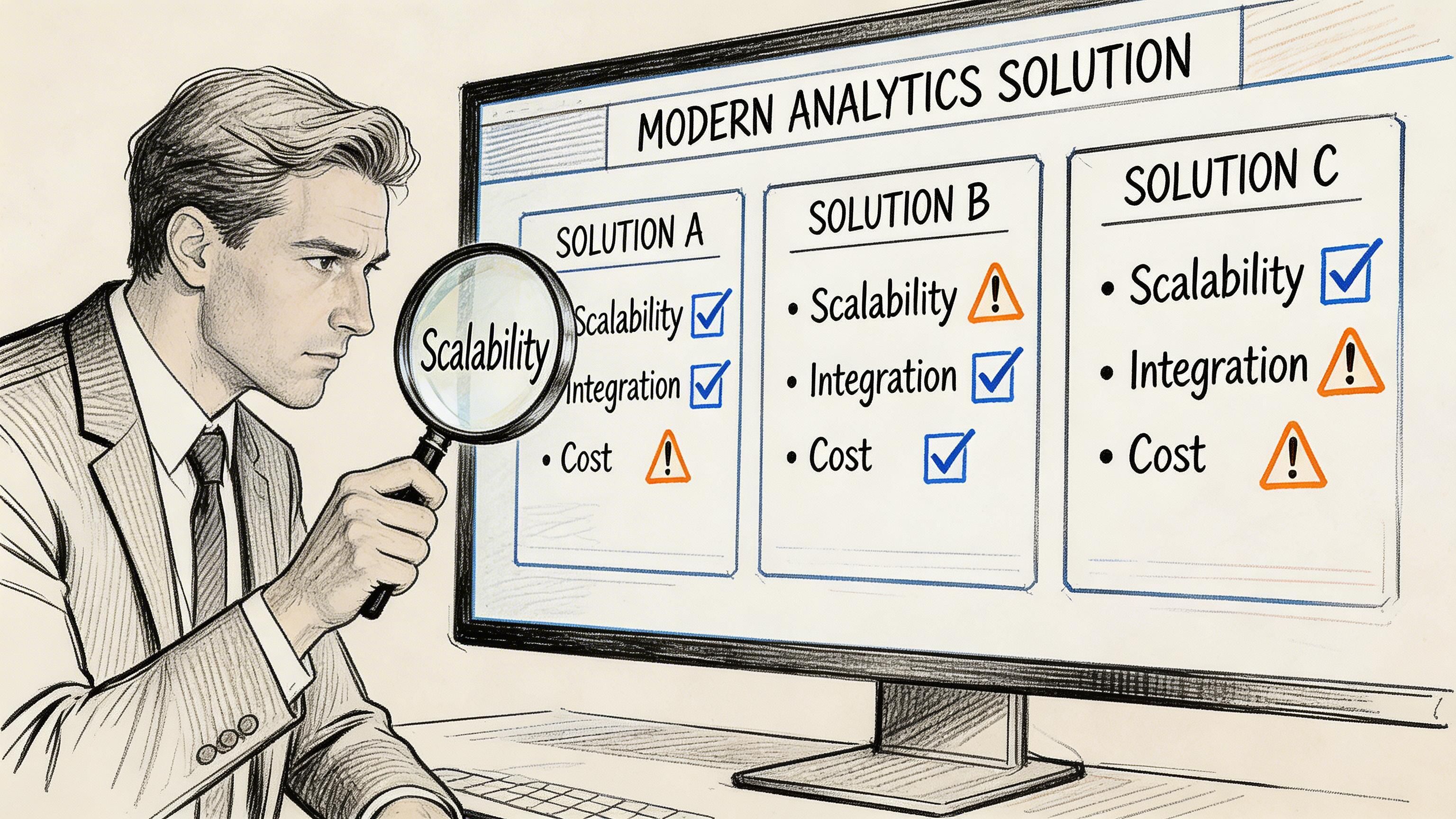 A professional man using a magnifying glass to analyze analytics software solution options on a computer screen.