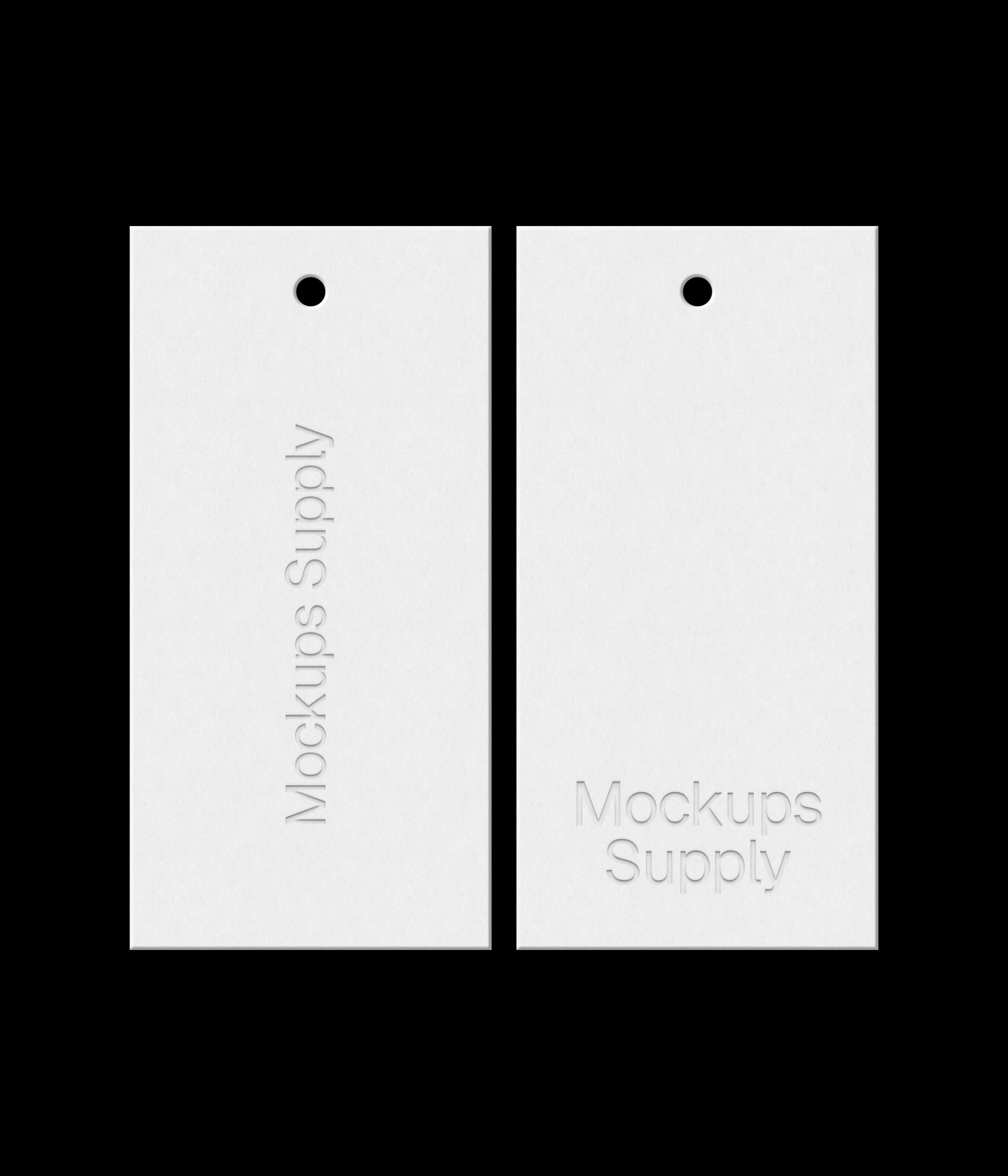 White 1x2 hang tag mockup with debossed logo effect on black background for Photoshop download psd