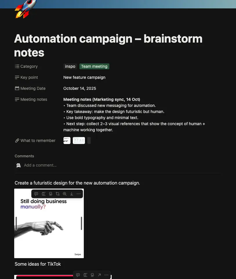 Screenshot of a Notion workspace with meeting notes and campaign visuals demonstrating how images are used in PKM to spark recall and creativity.