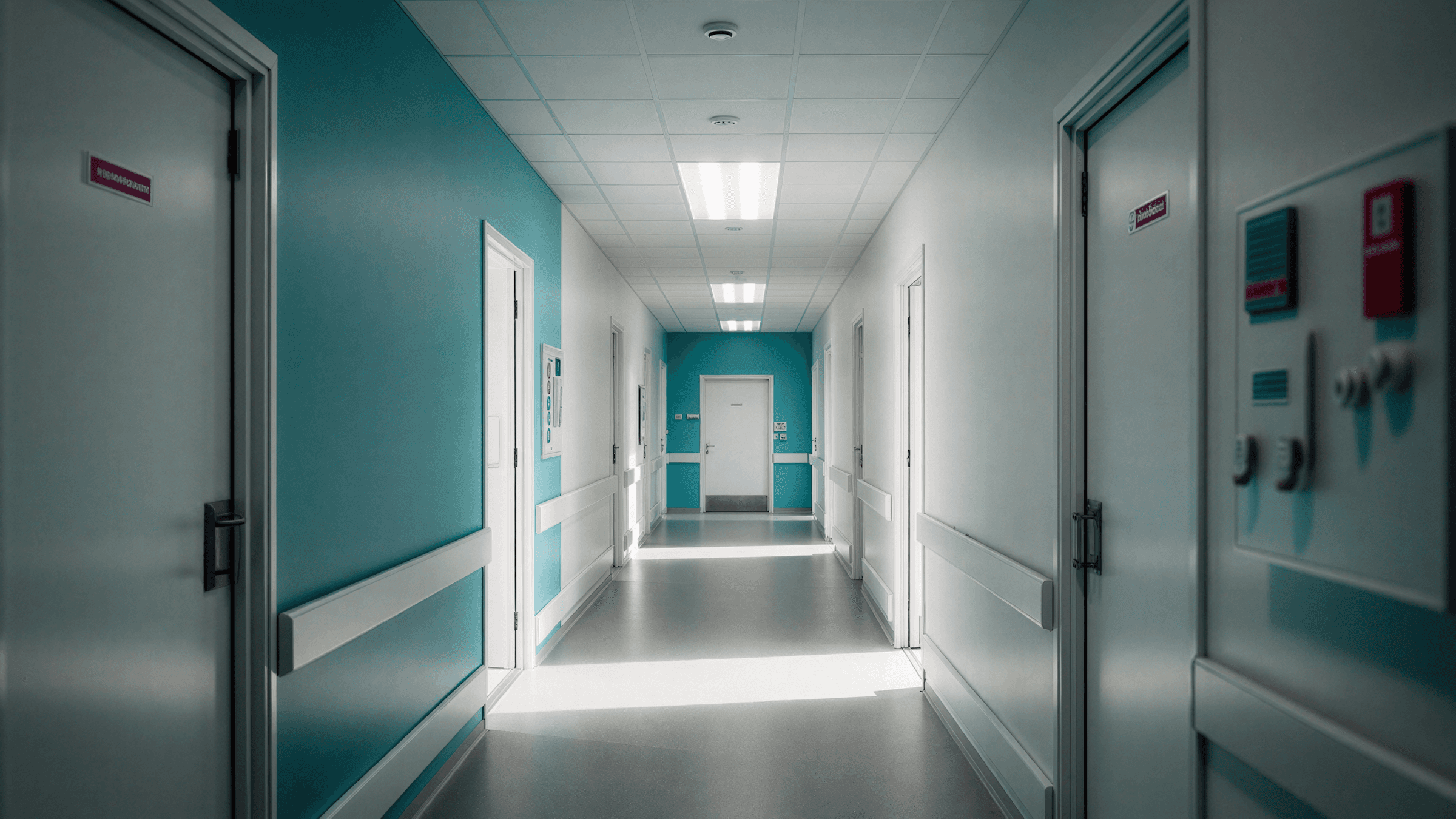 A long, brightly lit corridor with teal walls and white doors, creating a clean and sterile environment.