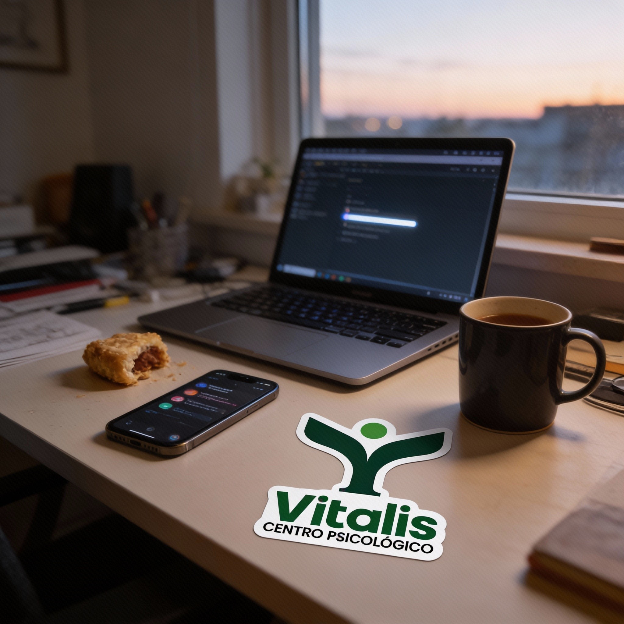 Escritorio desordenado con laptop y sticker de Centro Vitalis.