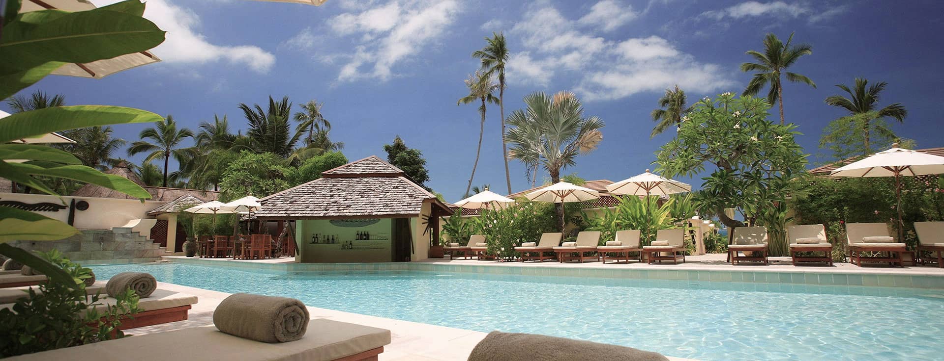 A rectangular swimming pool with clear blue water, surrounded by lounge chairs and umbrellas, located in a tropical resort with a lush green lawn and the ocean in the background."