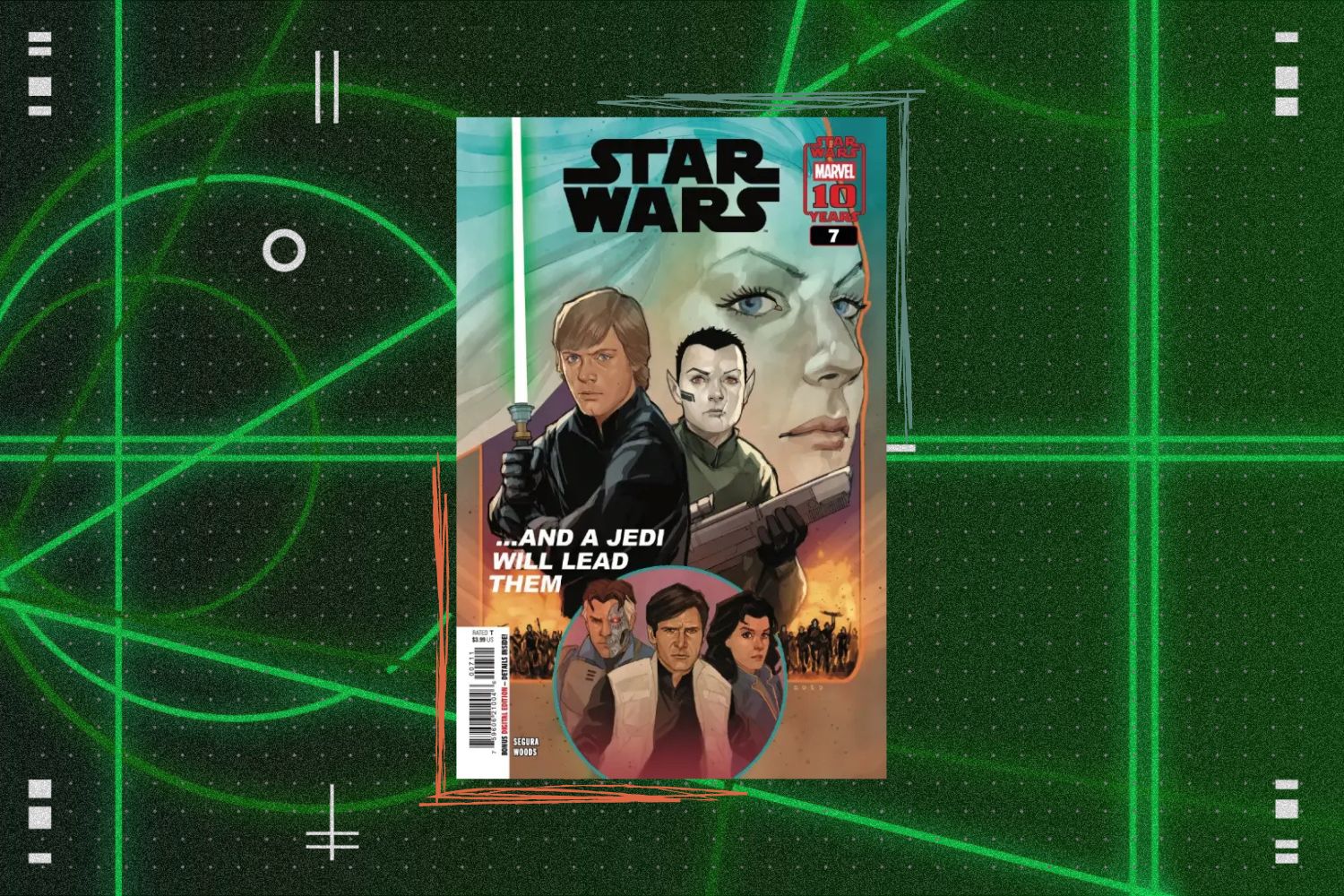 Cover for Star Wars #7 featuring Luke Skywalker and the entire ensemble. The cover is in front of a green geometric background