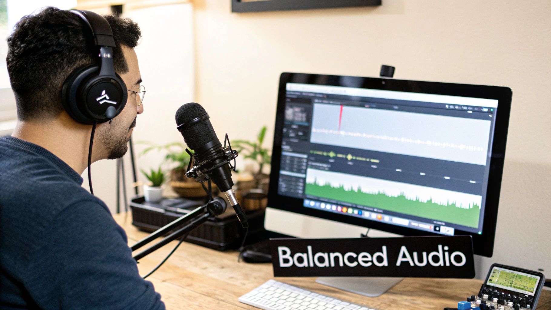 A person with headphones and a microphone records audio at a computer desk.