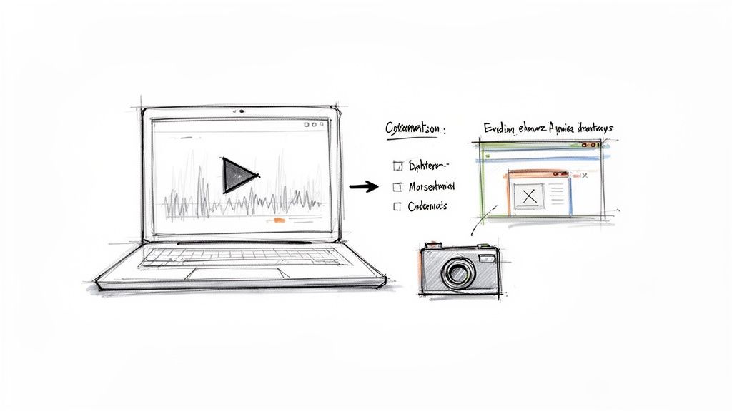 Sketch of a conceptual workflow comparing a laptop with video, a checklist, browser windows, and a camera.