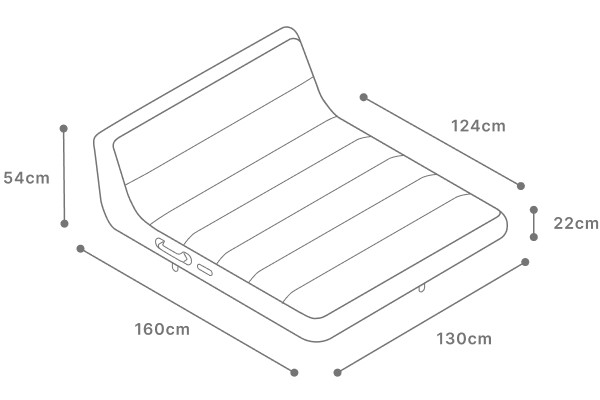Diagram showing inflated dimensions of Oliver James luxury pool float — 160cm length, 120cm width, and 54cm height for generous adult lounging.