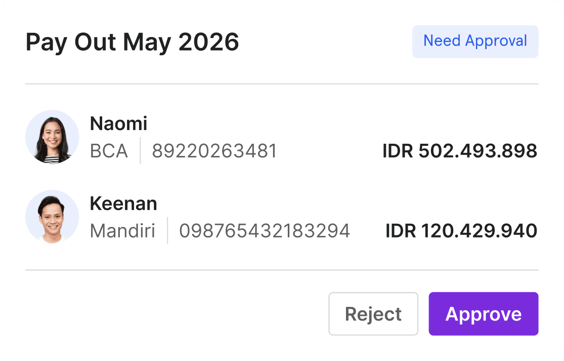 Durianpay Pay Out interface showing high-value transaction pending approval with maker-approver role flow
