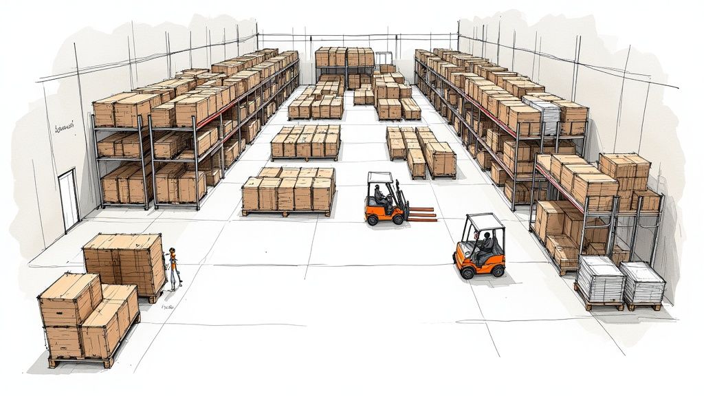 A detailed sketch of a large warehouse with many boxes, shelves, forklifts, and workers.
