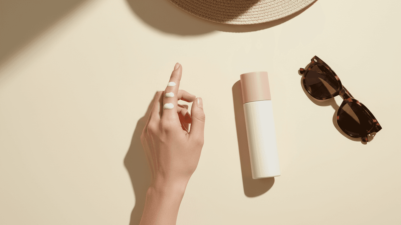 Minimal overhead shot on a warm cream background: a person’s hand holds two neat ‘finger lengths’ of sunscreen along the index and middle finger, ready to apply.