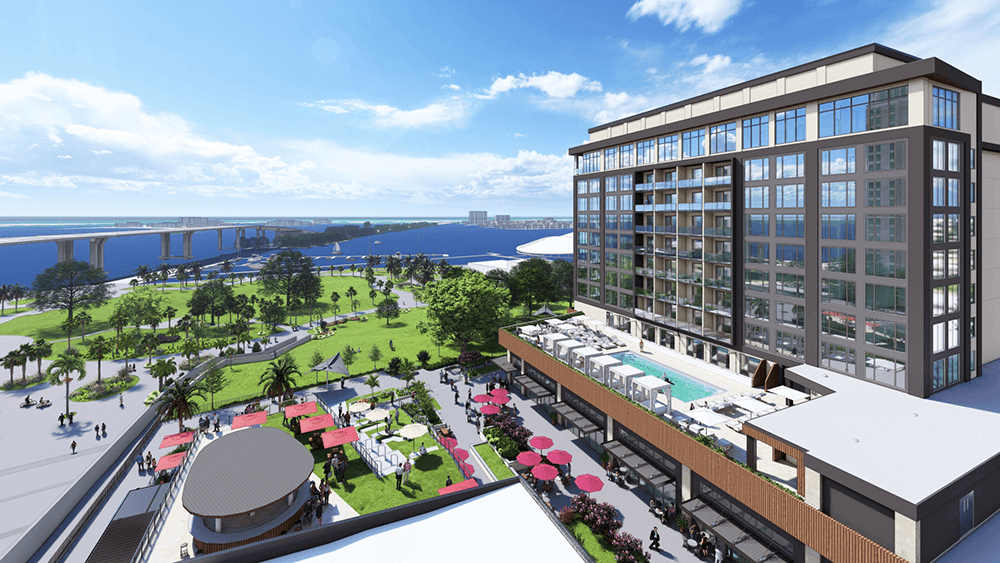 Aerial view of Ballad Hotel in Clearwater showing modern waterfront building with landscaping and outdoor amenities