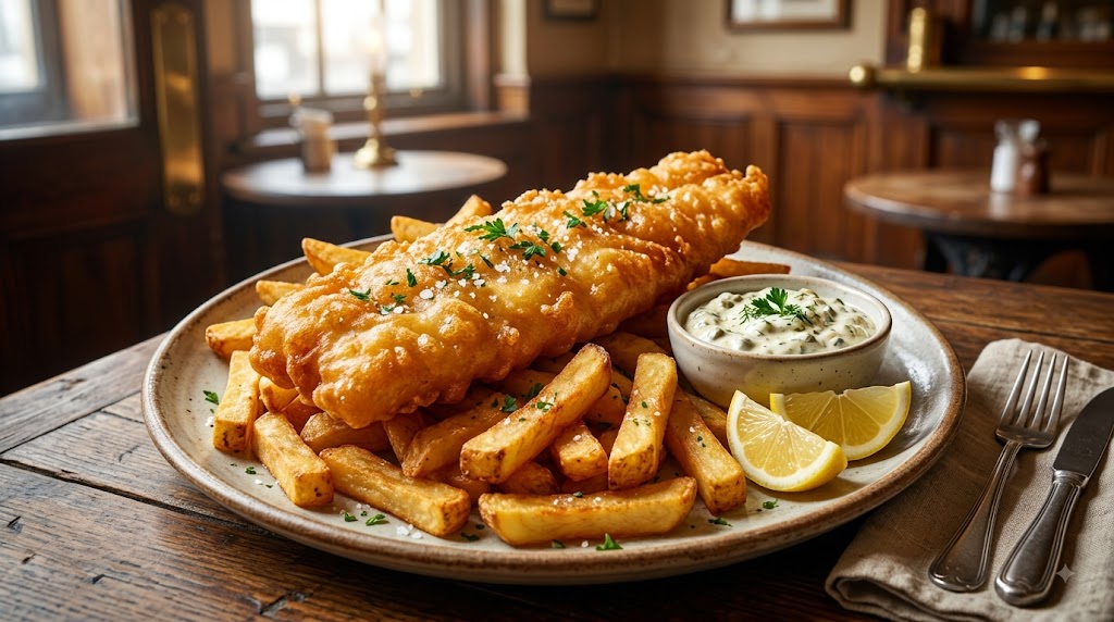A photorealistic, golden-brown crispy battered fish fillet and thick-cut British-style chips (fries) on a rustic ceramic plate, served on a weathered wooden table in a traditional pub setting. It's accompanied by a bowl of creamy tartar sauce with capers, fresh lemon wedges, and a side of silver cutlery on a linen napkin.