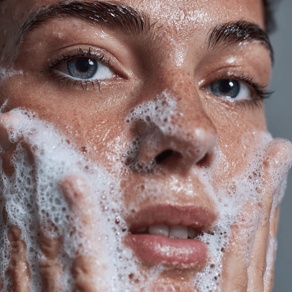Women washing face with soap portrait