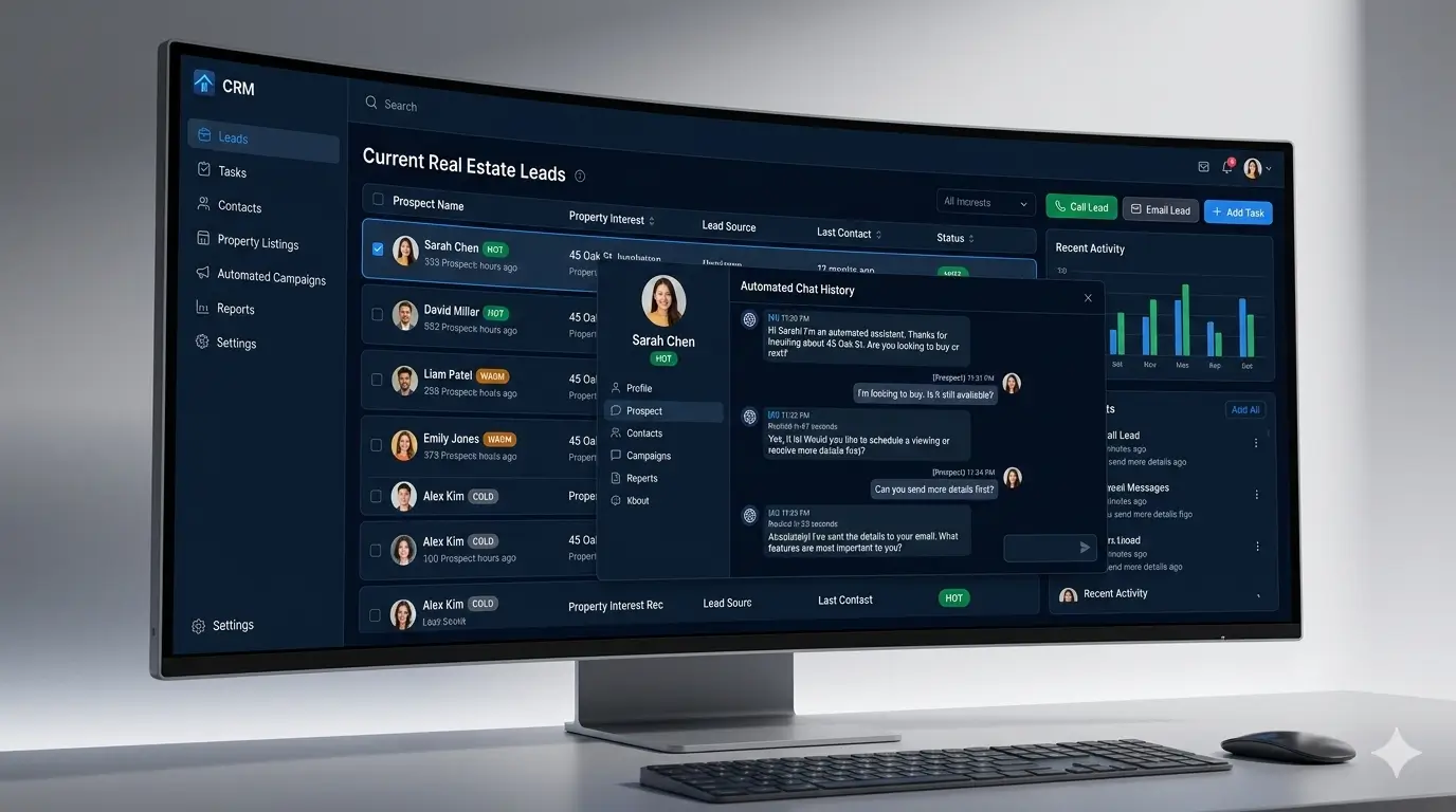 Interface CRM immobilier avec scoring automatique des leads en chaud, tiède et froid