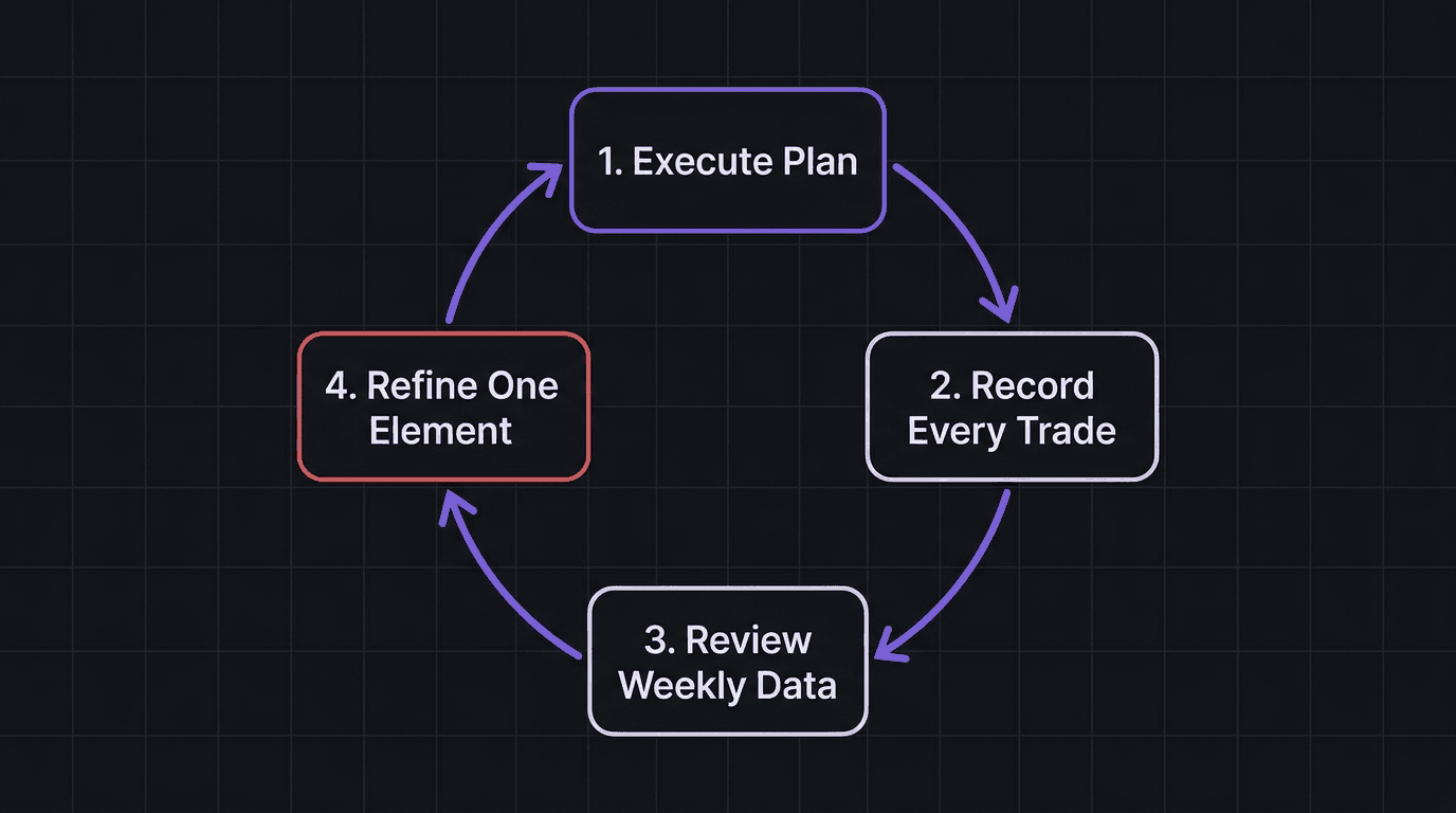 Flowchart showing the four-step trading feedback loop from execute to record to review to refine