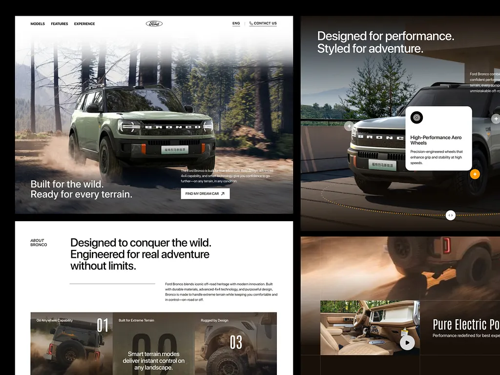 Ford Bronco website mockup showcasing off-road performance and adventure design.