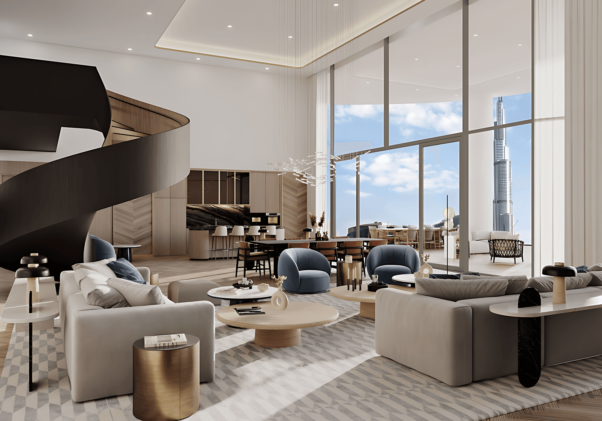 Contemporary living room with a large window, filled with light and elegant design elements at Ascot Residences.