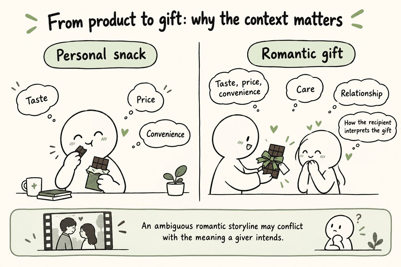 A comparison of chocolate bought as a personal snack and as a romantic gift. Taste, price and convenience remain relevant, while gifting adds meanings about care and the relationship.