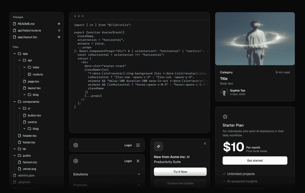 Dark-themed interface showing a code editor, a sidebar with files, a subscription plan box, and an image of a person outlined by glowing lines.
