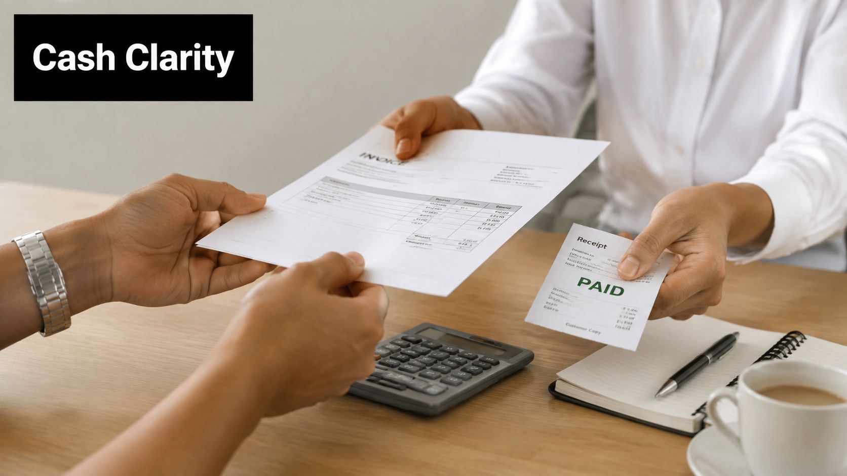 Two people exchanging an invoice and a paid receipt at a professional desk with a calculator.