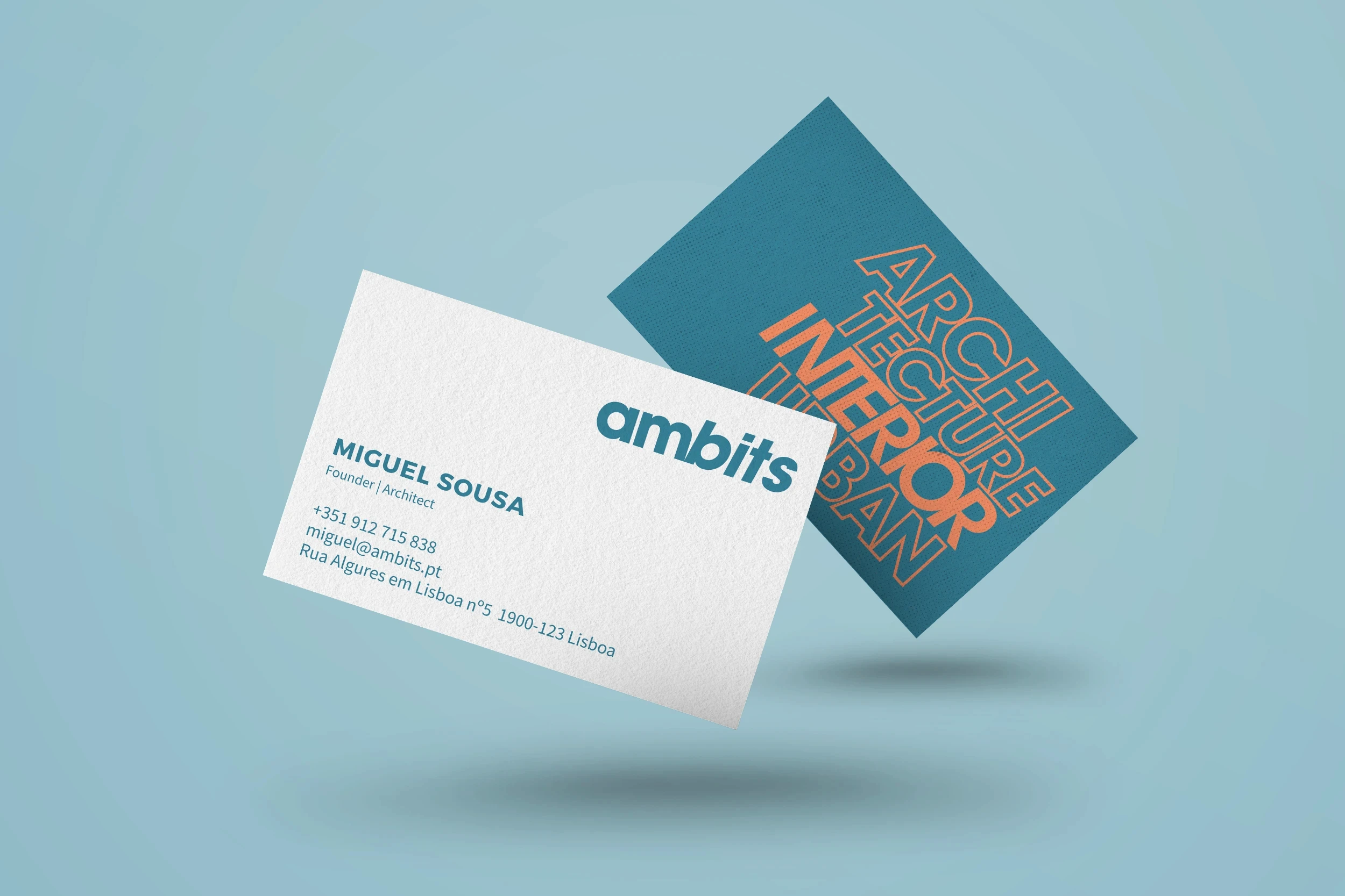 Business card design for Ambits architecture studio featuring minimalist typography and contemporary architectural branding in Lisbon.