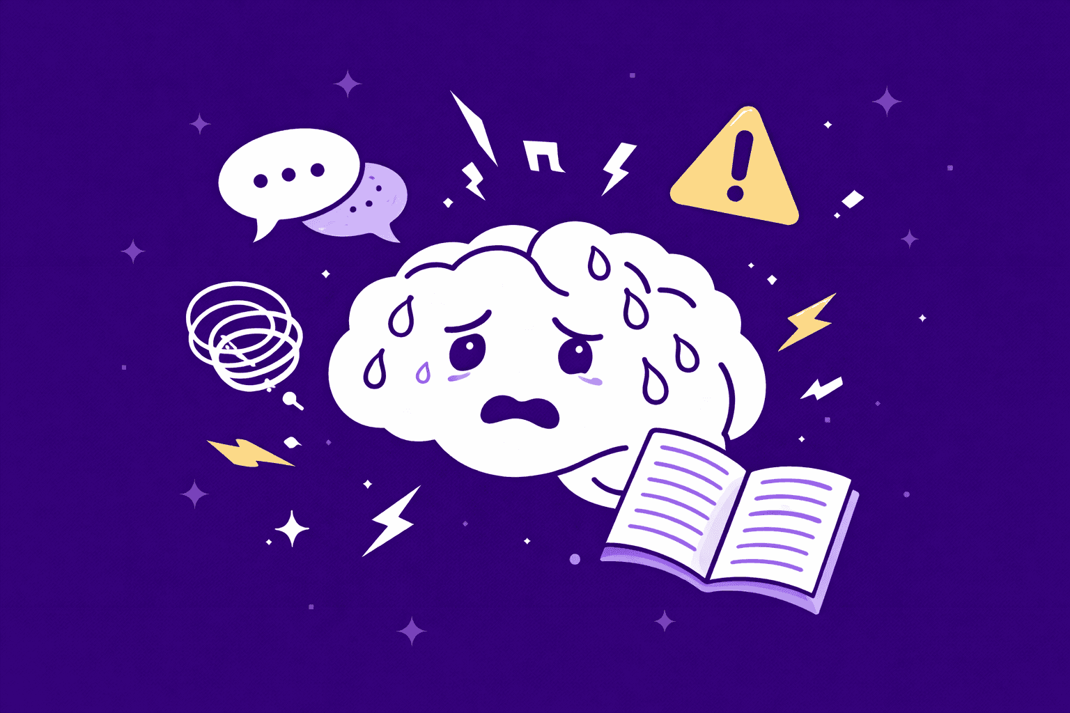 Illustrated brain character looking stressed and overwhelmed while reading an open book, surrounded by sweat drops, warning symbols, lightning bolts, and speech bubbles on a purple background, representing anxiety and cognitive overload during reading or learning.