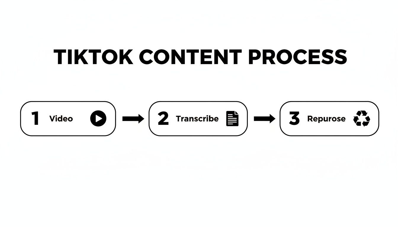 A black and white diagram outlining the TikTok content process: Video, Transcribe, Repurpose.