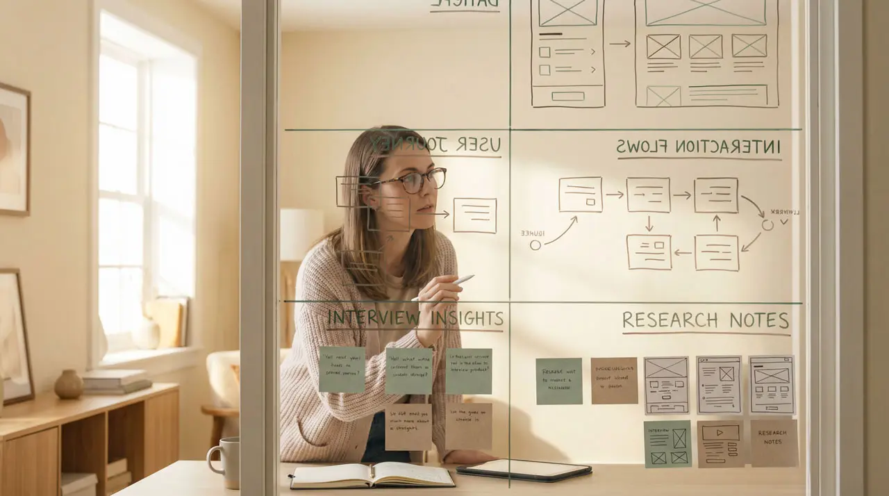 Fotografía de un investigador UX trabajando con notas de campo de entrevistas a usuarios, evaluando su implementación en el diseño de prototipos funcionales.