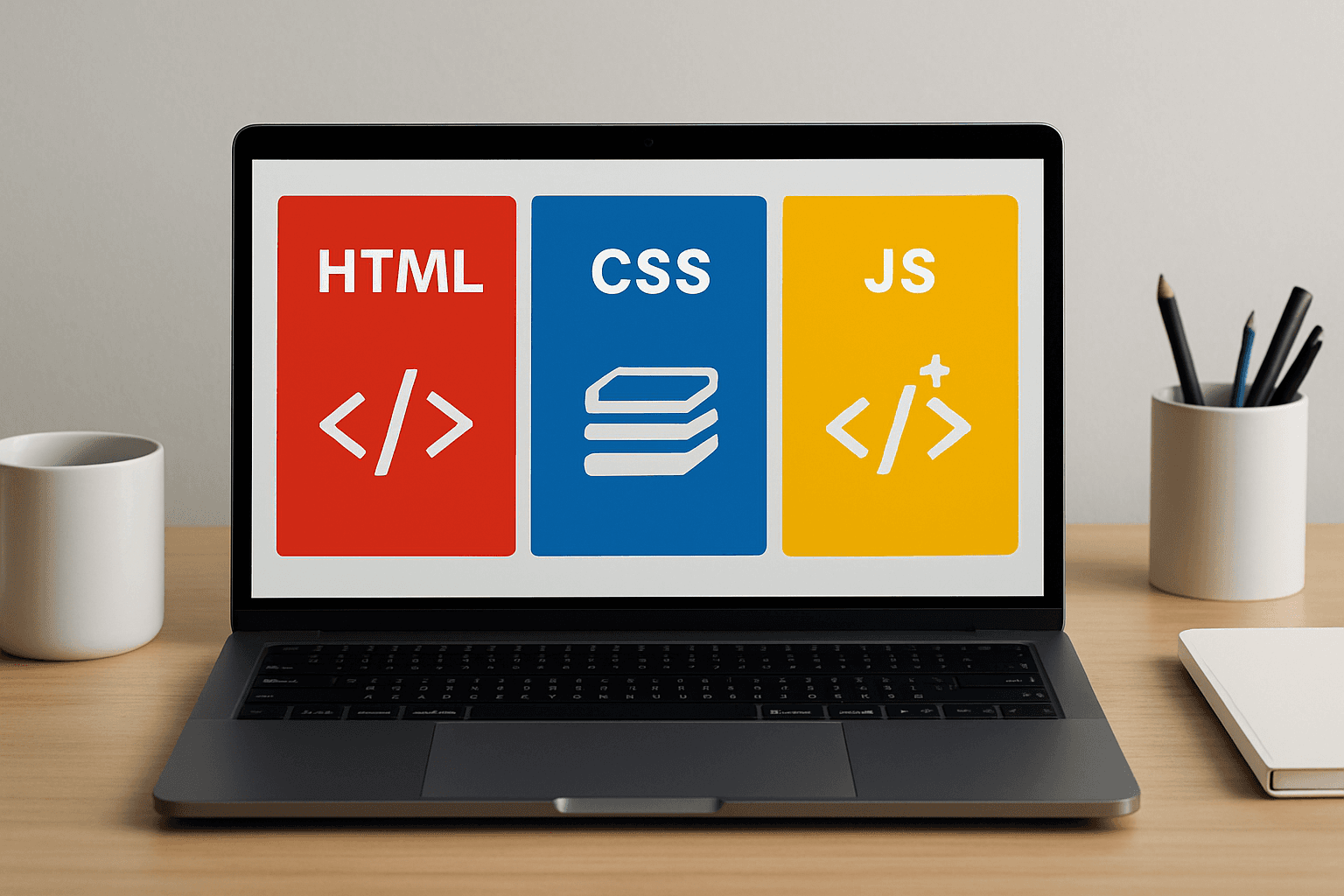  Image illustrating resources and steps for learning HTML, CSS, and JavaScript programming languages.