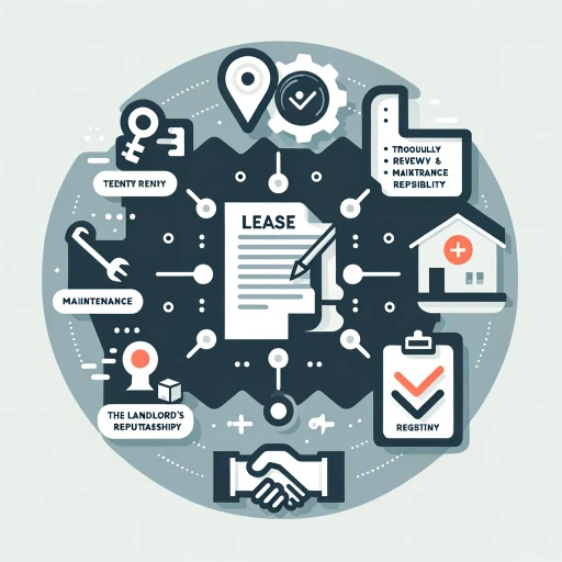 A minimalist and visually engaging image representing the essential steps a tenant should consider before signing a lease agreement, depicted without text. The illustration features four key symbols: an open document to symbolize the lease review, a toolbox indicating maintenance responsibilities, a badge for assessing the landlord's reputation, and interlocking hands to represent the formal agreement between tenant and landlord. Set against a clean, monochromatic background with selective color highlights, each symbol is strategically placed to underscore its importance in the rental process, guiding tenants through the critical considerations for a well-informed leasing decision.