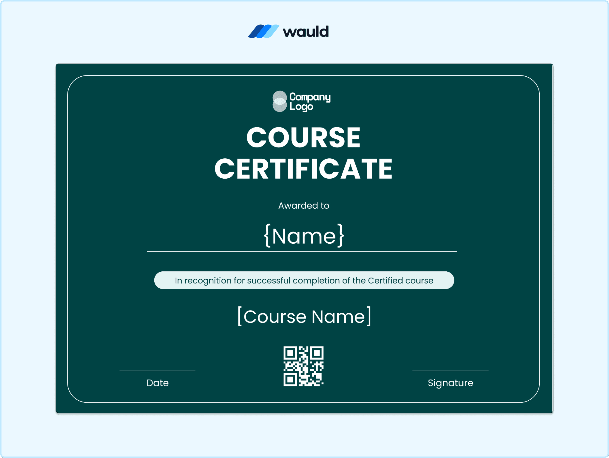 Dark teal course certificate template with minimal white typography