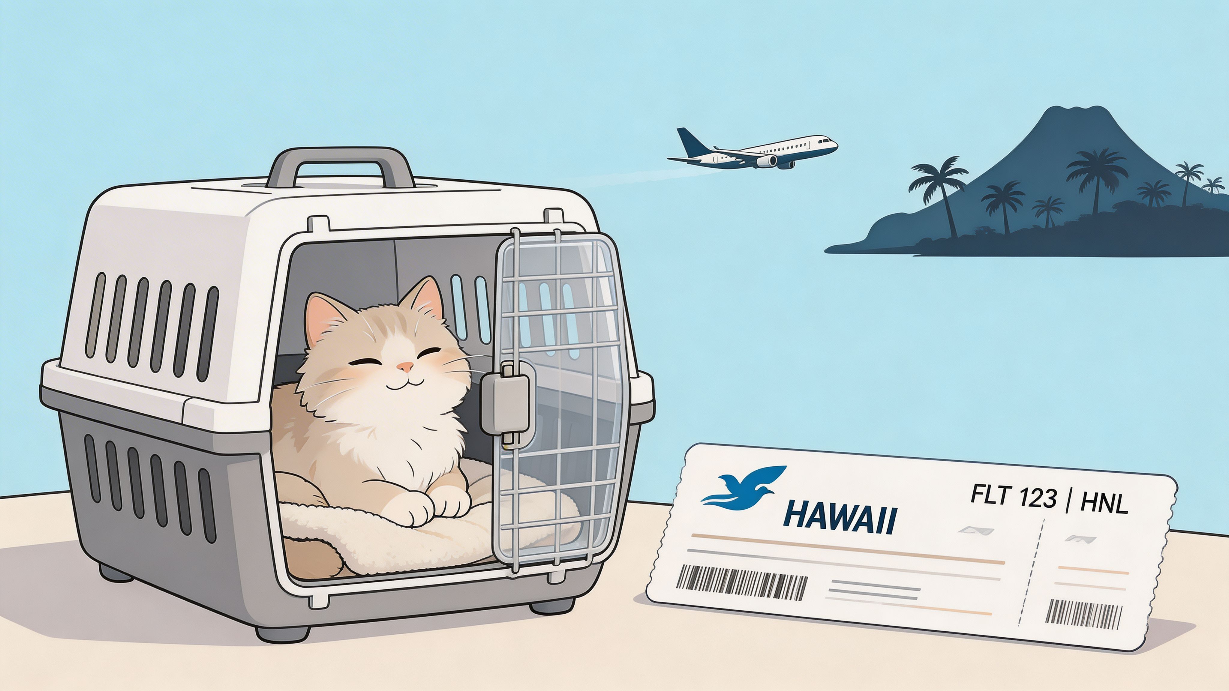 A happy cat sitting inside a travel crate with a Hawaii flight ticket nearby and a volcano.