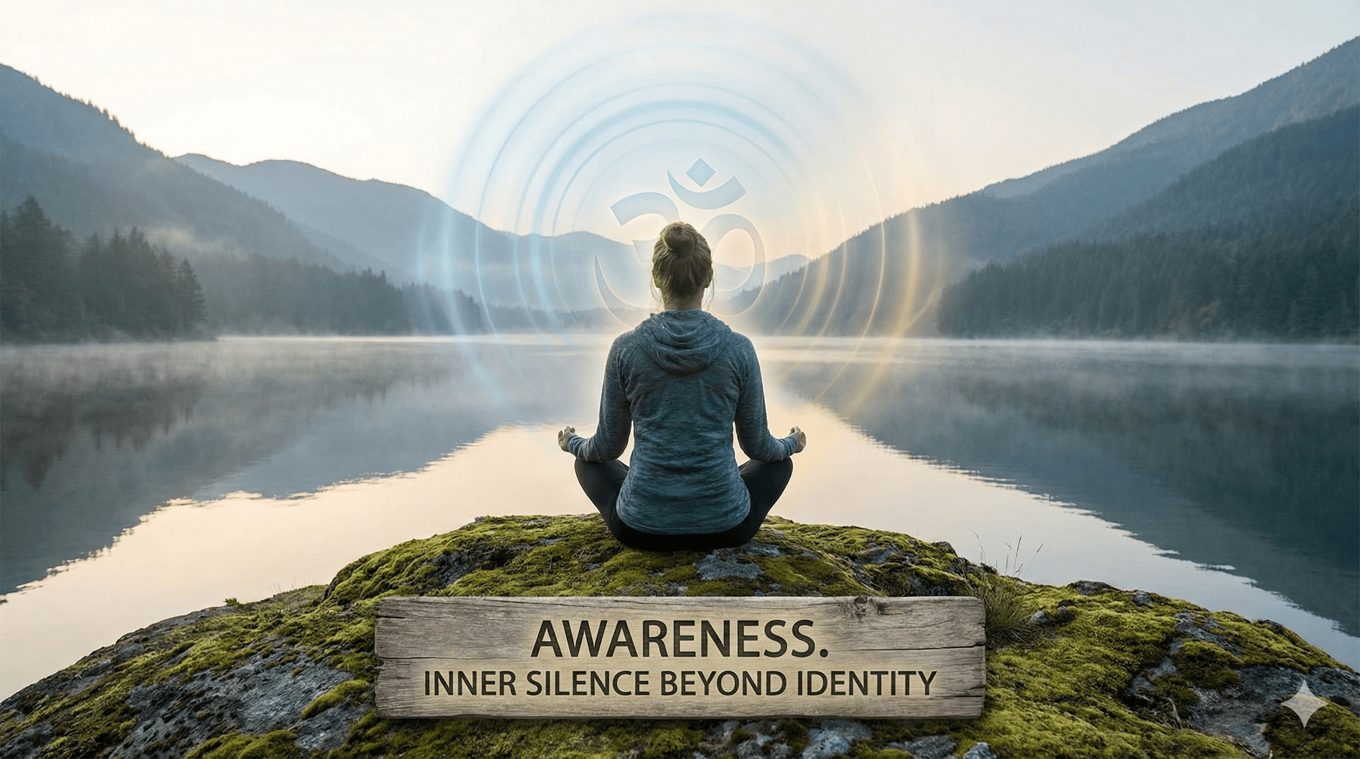 Meditating person with subtle sound vibration waves representing OM, awareness, and inner silence beyond identity