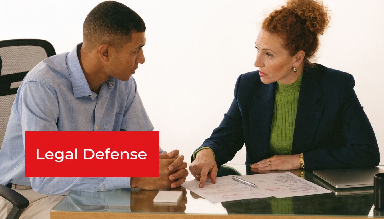 A professional lawyer discussing legal documents with her client during a consultation at an office desk.