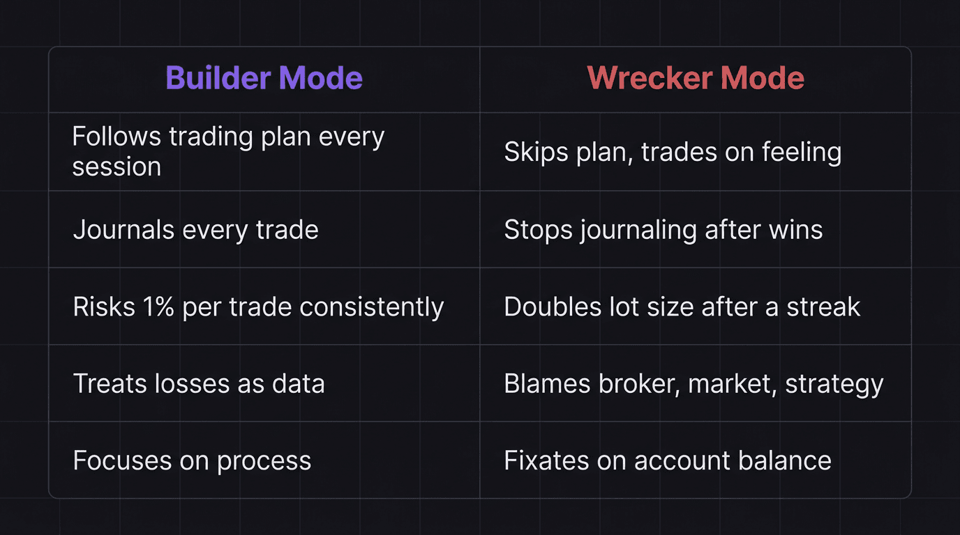 Comparison table showing builder mode behaviors versus wrecker mode behaviors in trading