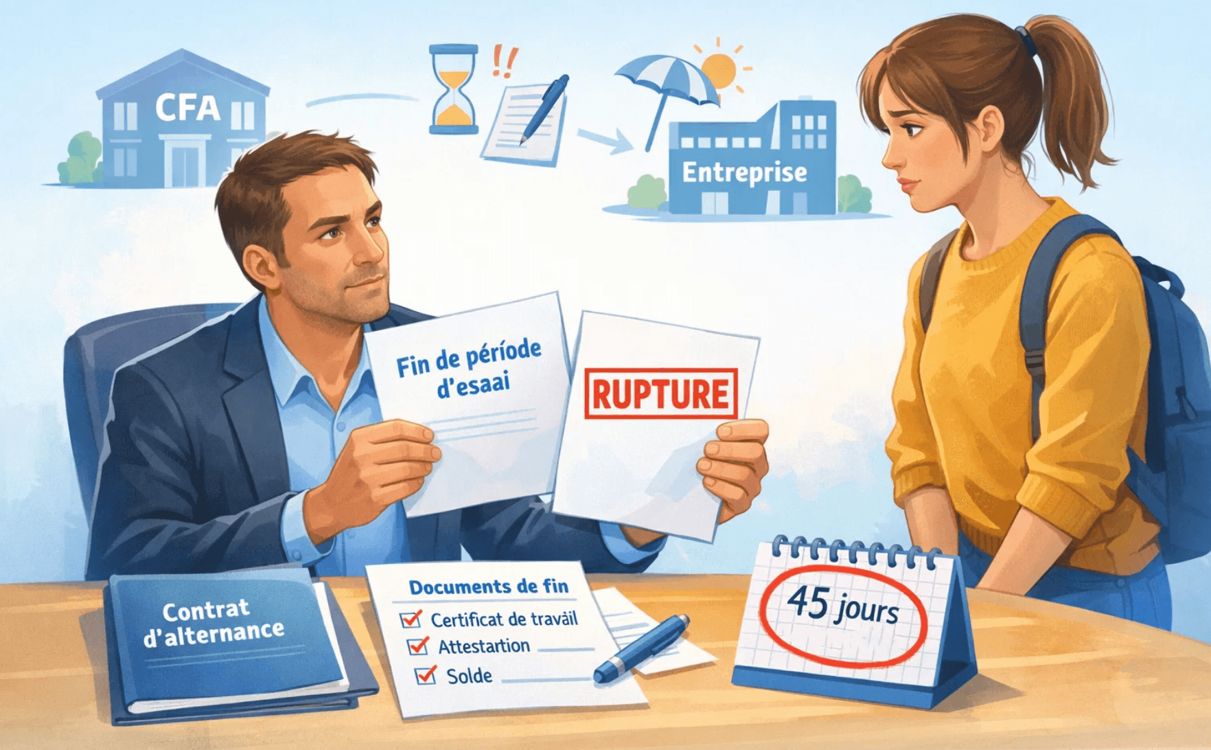 Illustration d’une rupture de période d’essai en alternance : un tuteur remet un document “Fin de période d’essai” et “RUPTURE” à une alternante, avec un dossier “contrat d’alternance”, une checklist de documents de fin (certificat, attestation, solde) et un calendrier “45 jours”, entre CFA et entreprise.