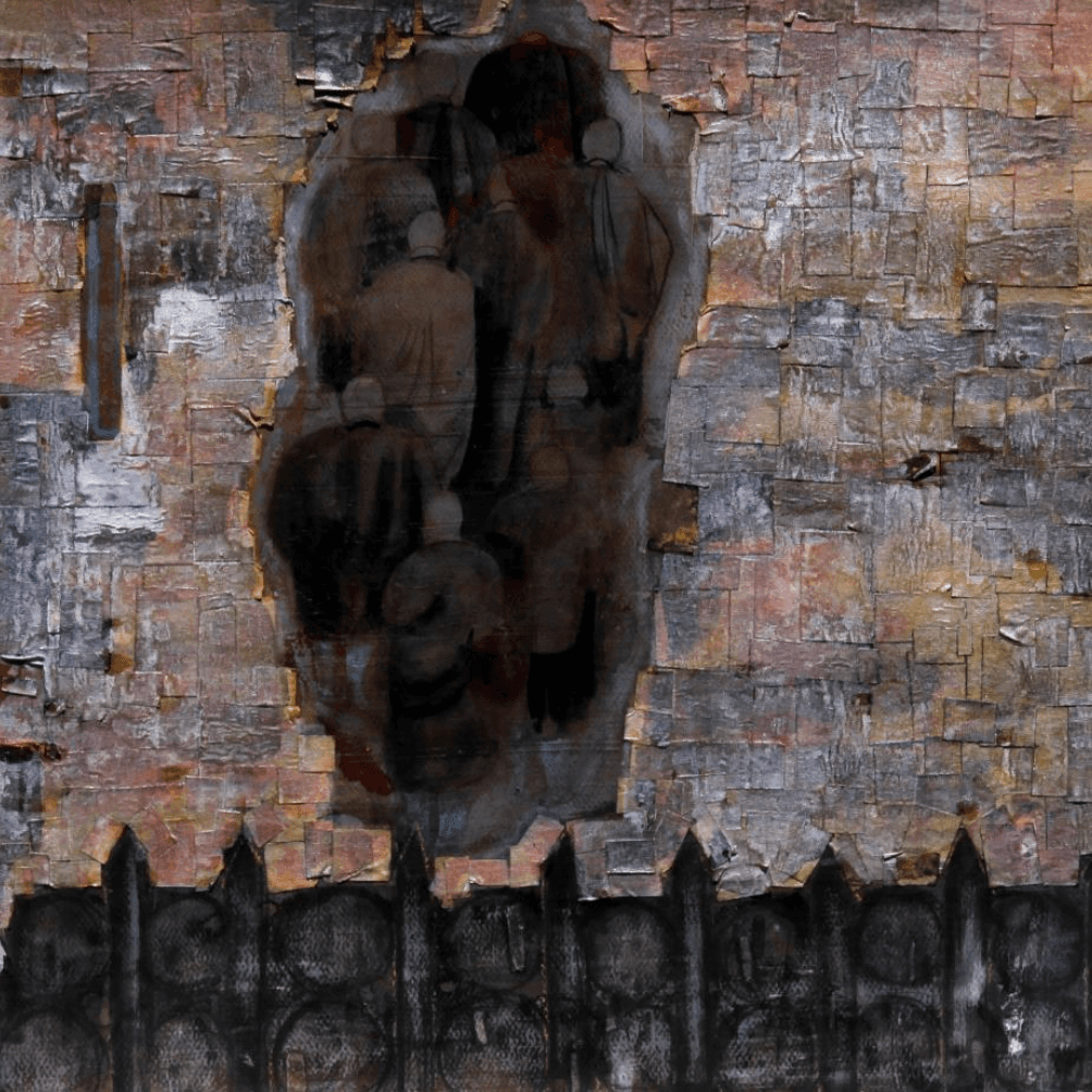 herd of sheep on road painting