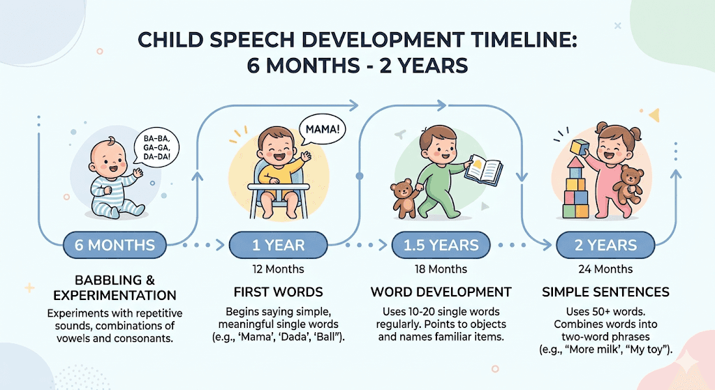 A clean, minimalist infographic-style illustration showing a timeline from 6 months to 2 years. Each stage features a small, cute icon (a babbling baby, a child saying "Mama," a toddler holding two toys). Soft pastel colors, professional and easy-to-read layout.