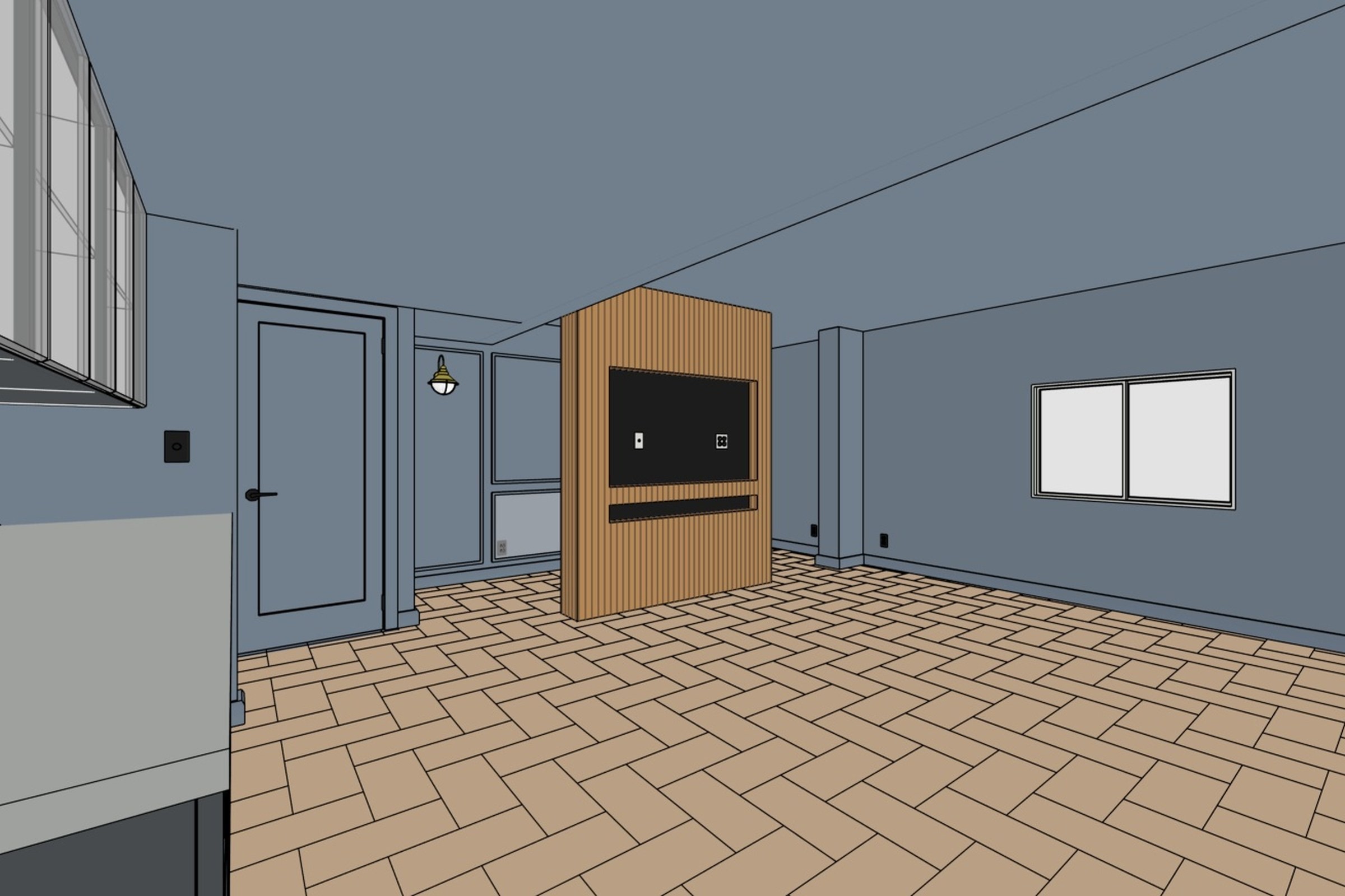 Crestmont basement 3D design view: family room and slatted media wall, seen from the dry bar