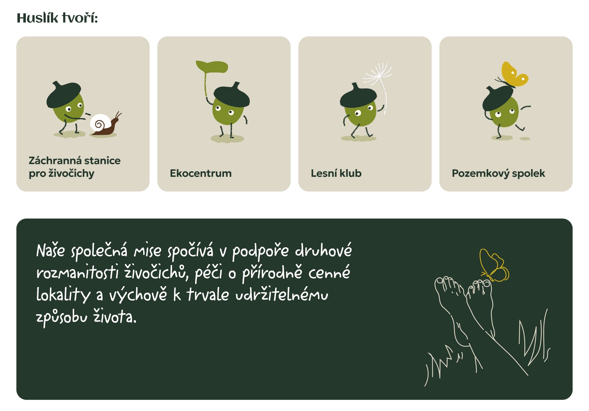 Screenshot from the Huslík website showing the four sub-brands and the organisation's mission statement