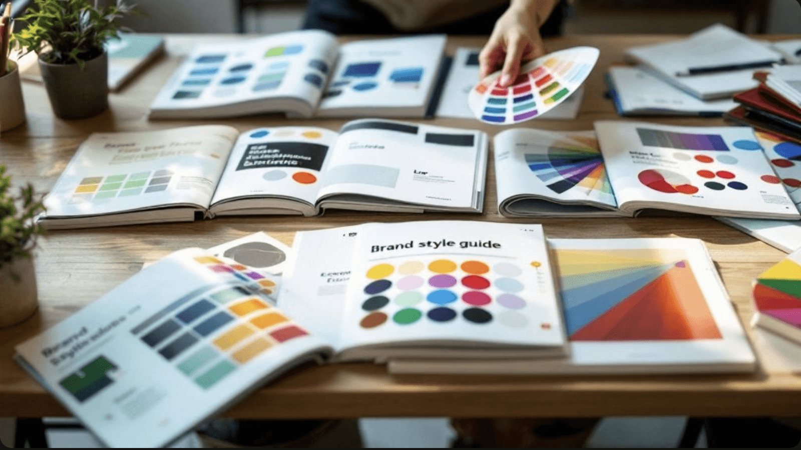 Assorted open brand style guides on a wooden desk, displaying vibrant color palettes, typography, and design systems, with a person reviewing a color swatch