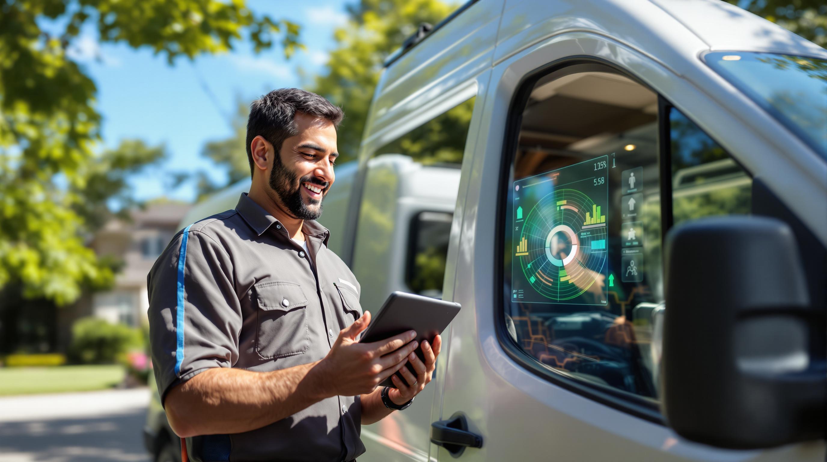 HVAC tech outside van holding tablet