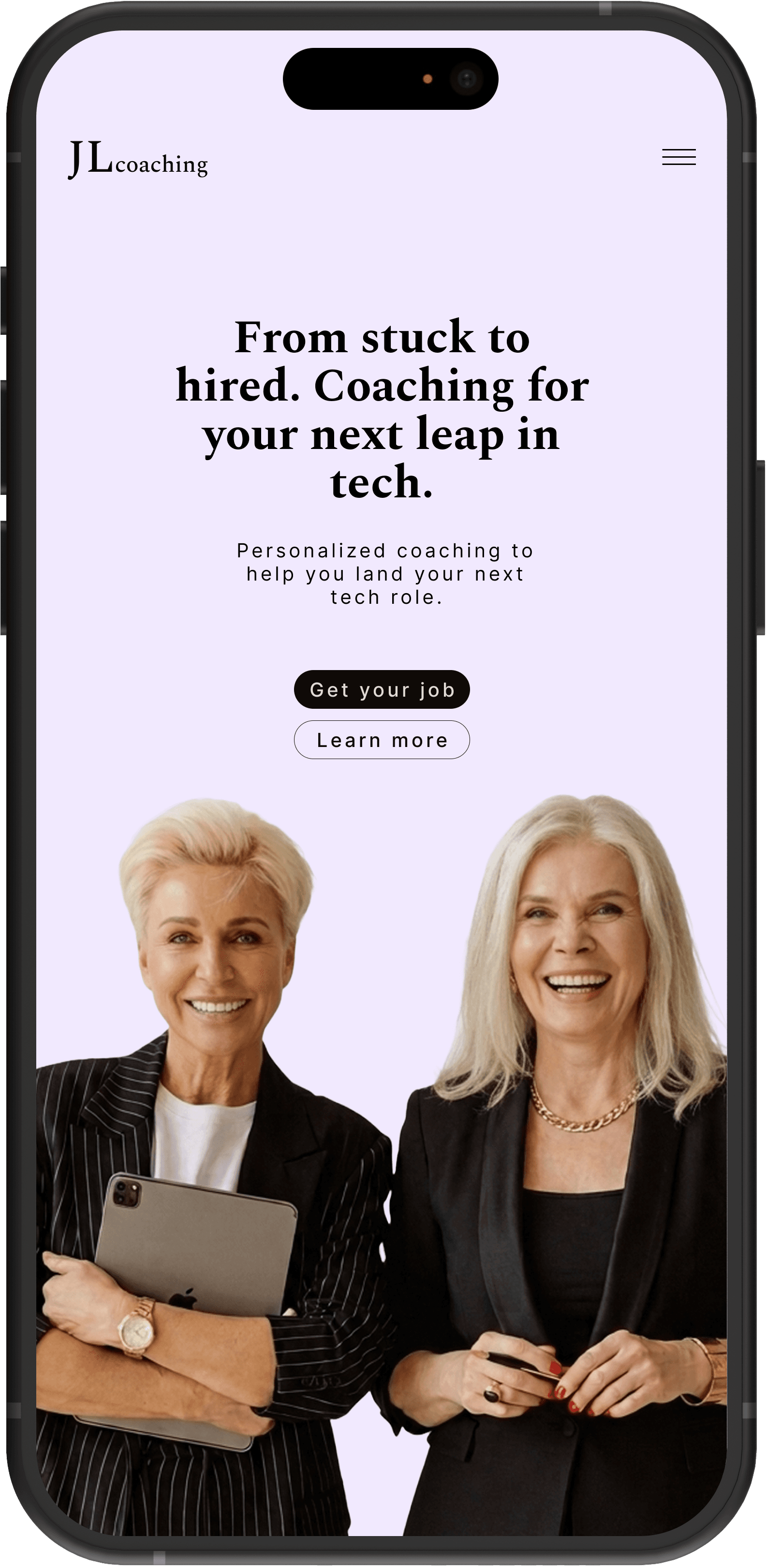 Mobile website design for a tech career coaching service, featuring a centered headline, two call-to-action buttons, and a full-bleed photo of two professional women