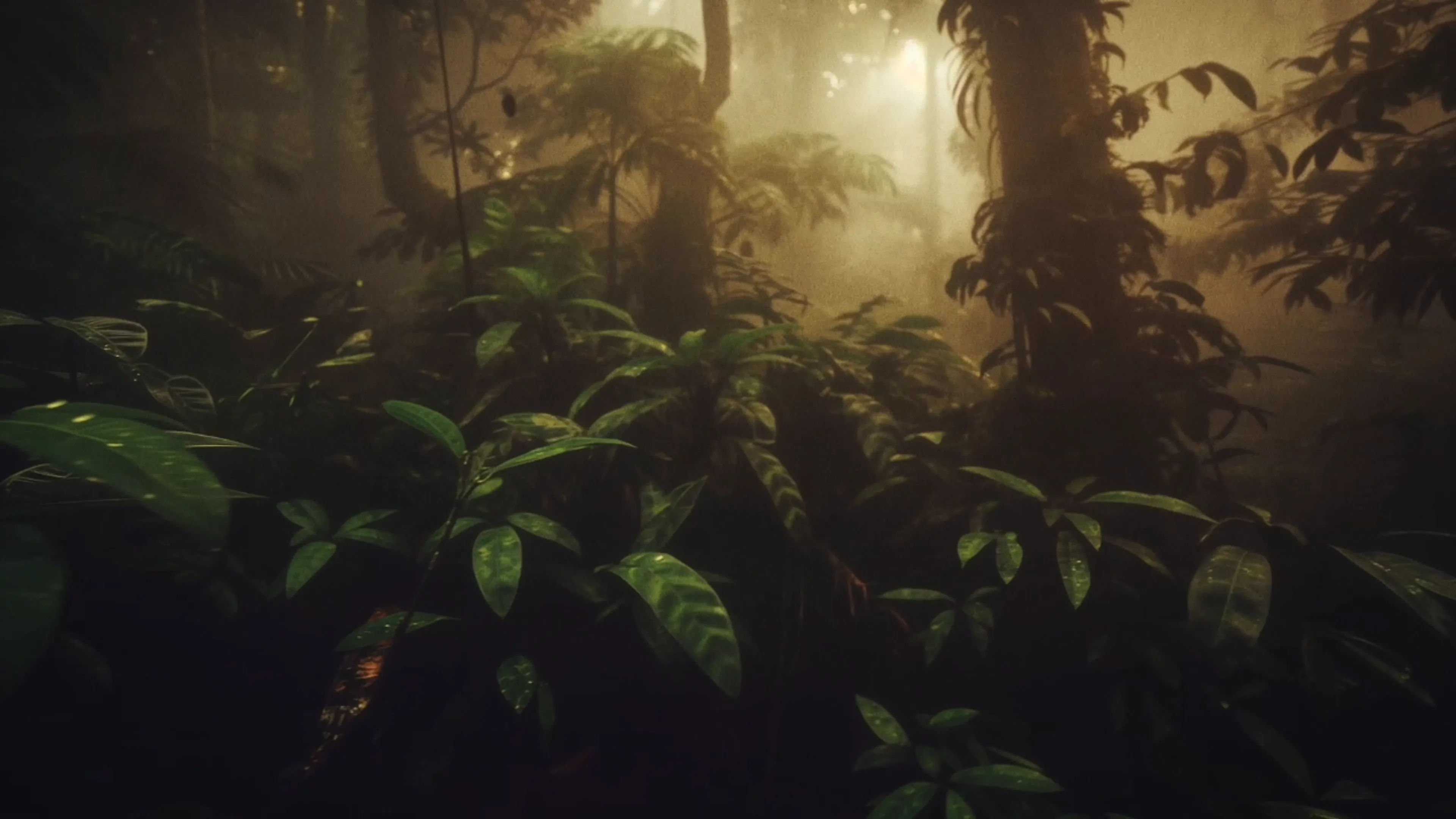 Misty tropical rainforest illuminated by soft golden sunlight