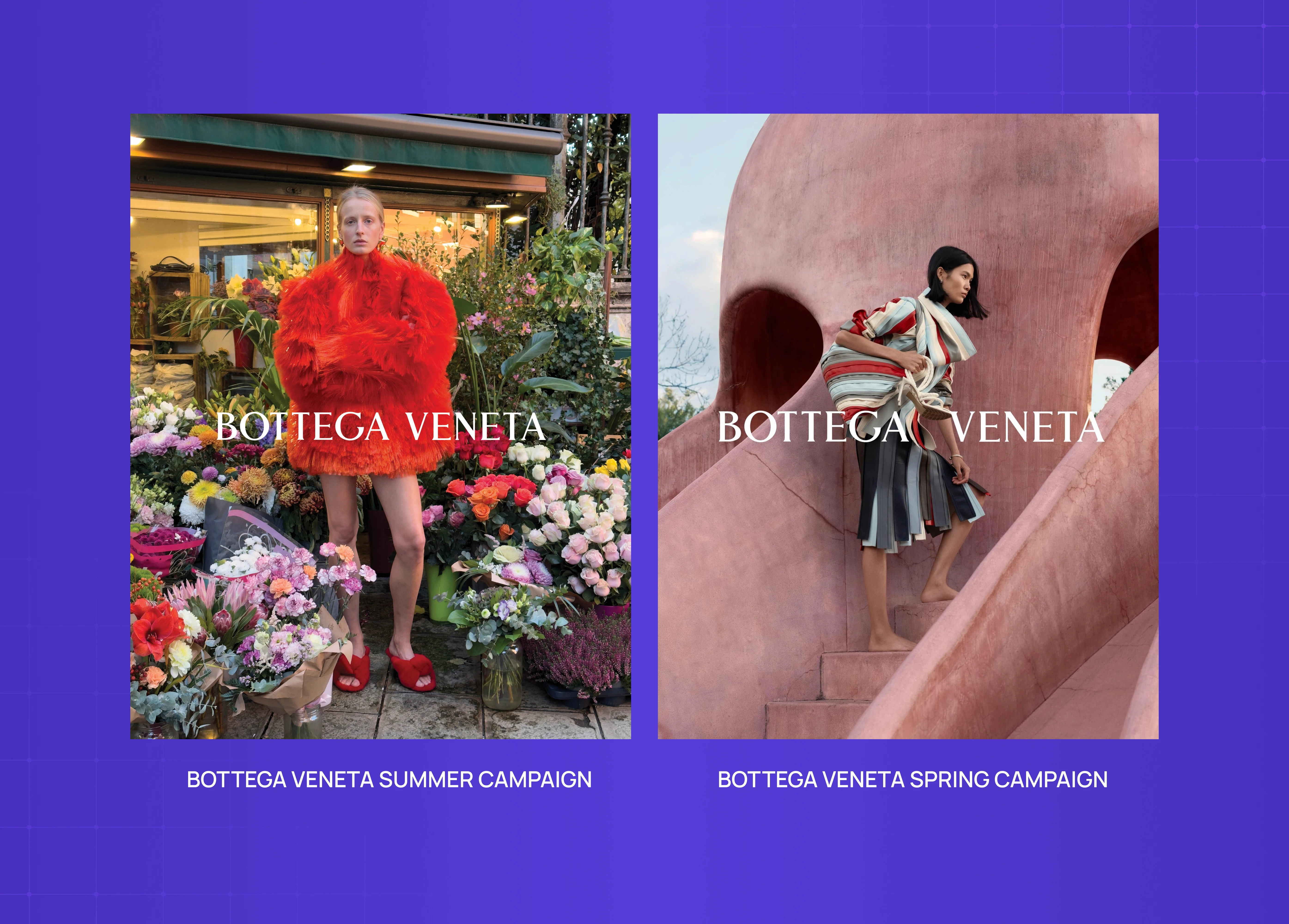 Bottega Veneta campaign visuals featuring bold fashion photography, using contrasting warm and muted tones for visual impact.