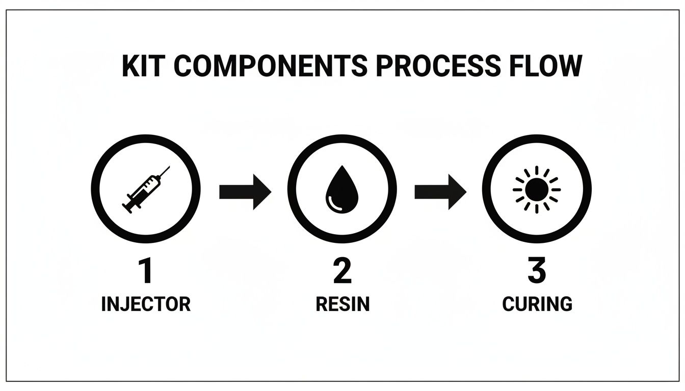 Diagram showing a three-step kit component process flow: Injector, Resin, and Curing.